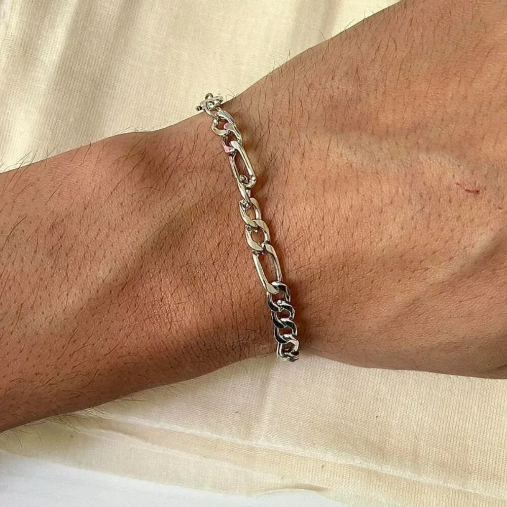 silver figaro link stainless steel chain bracelet